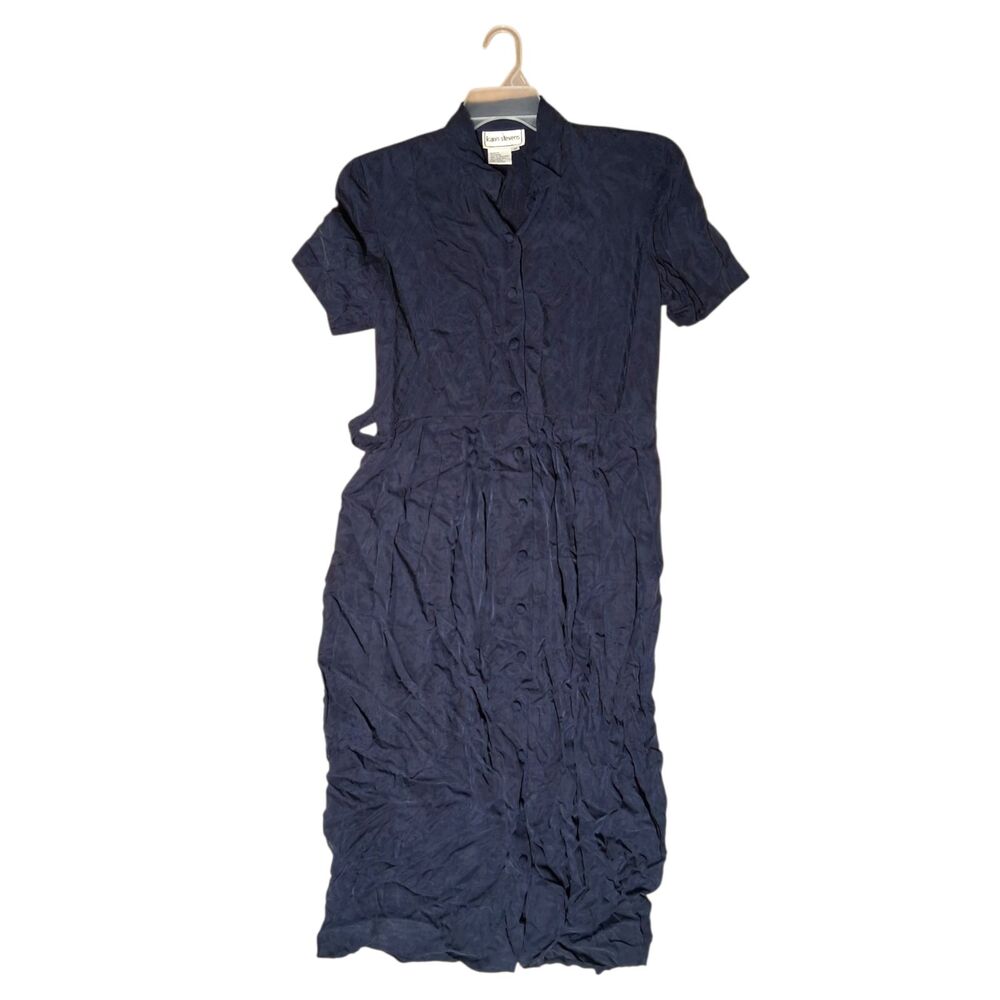 Vintage Karin Stevens Navy Blue Short Sleeve Button Front Midi Dress - Size 10